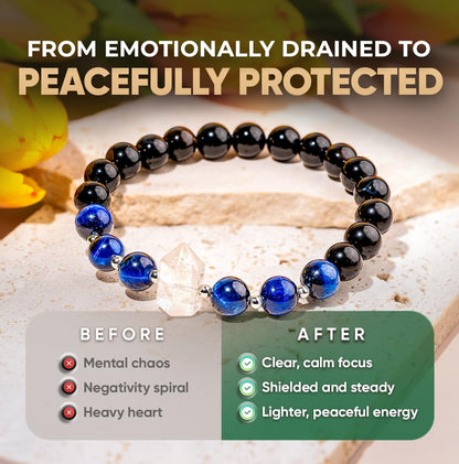 Conscious Items Negativity Bracelet for Women & Men, Blue Tiger’s Eye, Clear Crystal Quartz, & Black Obsidian Bracelet for Grounding & Energy Protection