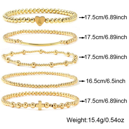 14K Gold Cross Beaded Initial Bracelet Stack for Women,Dainty Stretch Gold Plated Letter A Stackable Bracelets Bohemian Layered Prom Holiday Party Accessories Jewelry Gift Friendship