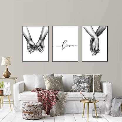 Kiddale 16"x20" Love and Hand in Hand Wall Art Canvas Print Poster,Simple Fashion Black and White Couples Sketch Art Line Drawing Decor for Home Living Room Bedroom Office(Set of 3 Unframed)