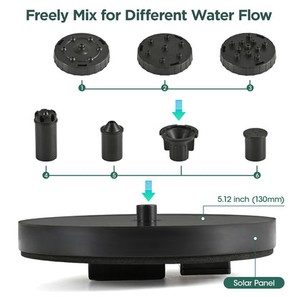 1W Solar Bird Bath Fountain Pump, Solar Fountain, Solar Powered Water Pump, Outdoor Water Fountain with 6-in-1 Nozzles, Free Standing Floating Solar Powered for Bird Bath, Garden, Pond, Pool, Outdoor