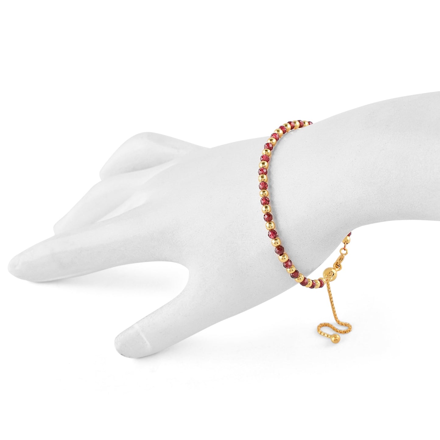 QNAVIC Red Garnet Dainty Slider Link Bracelet For Women, Chakra Healing Crystal Gemstone January Birthstone, Gold Plated Ball 6-8 Inches Adjustable Christmas and Birthday Gifts for Her