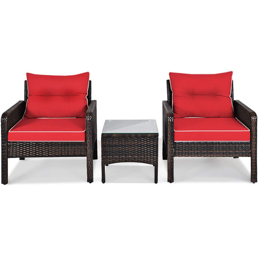 Tangkula 3 Piece Outdoor Patio Furniture Set, Wicker Chairs Set with Glass Top Coffee Table, Thick Cushions, All Weather Garden Lawn Poolside Backyard Porch Furniture Set for 2 (Red)