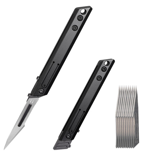 TIKIDESIGN Titanium Folding Scalpel Knife – Includes 10 #11 Replaceable Blades, Keychain EDC Pocket Tool for Precision Cutting, Outdoor, Craft & Daily Use – Lightweight, Durable, Razor-Sharp Utility Knife(Black)