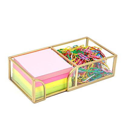 Shonmogar Glass Sticky Note Holder,2 Slots Gold Post It Note Dispenser for Desk,3 x 3 Inch Post It Note Holder, Stylish Sticky Note Dispenser for Home Office Desk Table Drawer