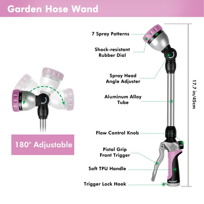 RESTMO Metal Watering Wand, Heavy Duty Garden Hose Wand with 180° Swivel Ratcheting Head, 16'' Hose Nozzle Sprayer with 7 Spray Patterns and Flow Control, for Water Hanging Baskets and Shrubs, Pink
