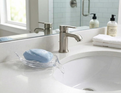 NEWHENGS Self Draining Decorative Leaf Shape Clear Glass Bar Soap Dish, Heavy Soap Holder for Bathroom, Sink and Kitchen