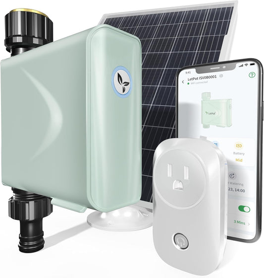LetPot Smart WiFi Water Timer for Garden Hose Faucet, [Solar-Powered 365Days Uninterrupted Power] Sprinkler Timer Outdoor Programmable,WiFi Hub & Type-C & 5W 6000mAh Portable Solar Panels