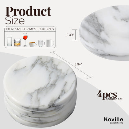 Koville Marble Coaster Set of 4, Round Coasters, 4" Stone Coaster for Drinks Coffee, Marble Coasters for Coffee Table Home Bar Decor, Heat Resistant, Gift Choice(Arabescato)