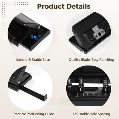 6-Hole Paper Puncher Black, Accommodates A4, A5, A6, A7, A8, B5, M5 Refills, with Adjustable Hole Spacing and Positioning Scale, Punches 6-7 Sheets for Planner, Loose Leaf, and Scrapbooking