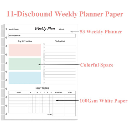 Weekly Planner Undated Refills - Letter Size 53 Sheets/106 Pages Colorful Weekly Planner for 11-Disc Discbound, TUL, 100 gsm White Paper, Lasts 1 Year, Undated, 8.5" x 11"