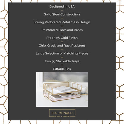 BLU MONACO | Paper Tray Stackable Gold Mesh Set of 2 | Stackable File Trays for Desk Organization | Tiered Desk Organizer with Metal Letter Trays