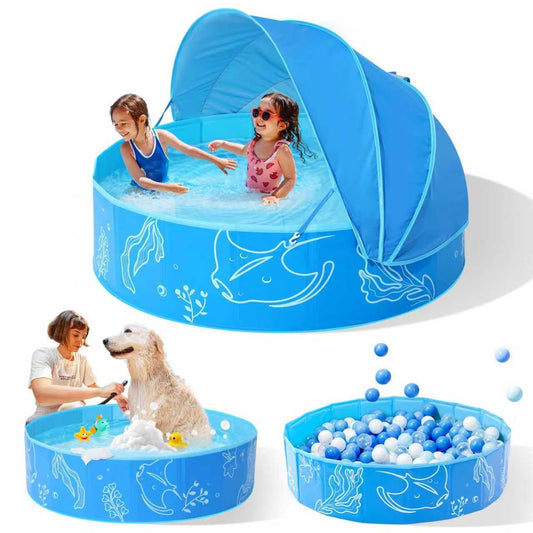 Hikiddy Foldable Kiddie Pool with Canopy: 31.5in/ 47in /63in for Baby Toddler Kids Family - Summer Water Play Pool with Shade - Portable for Outdoor Backyard Beach (Blue-Blue, 47in)