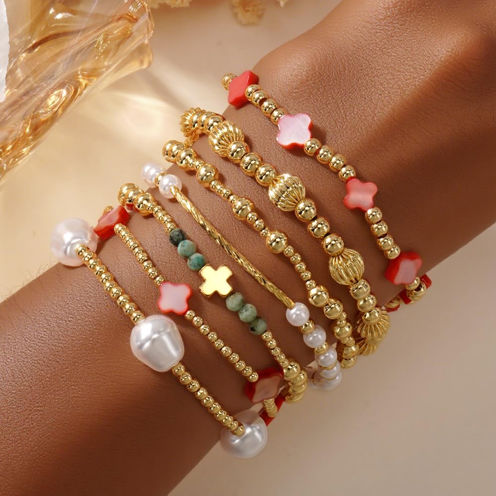 SHINUS BOHO 14K Gold Beaded Red Clover Stackable Bracelets for Women,7PCS/Set Boho Cross Pearl Beads Stretch Bracelets Stack Fashion Holiday Birthday Prom Jewelry Accessories Gift Friendship Sister