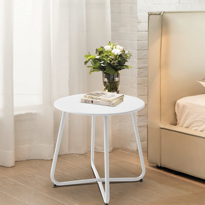 Meluvici Patio Outdoor Side Table Waterproof Round Metal Steel Small Side Table Weather Resistant Portable Outdoor and Indoor End Table for Garden Balcony Yard, White