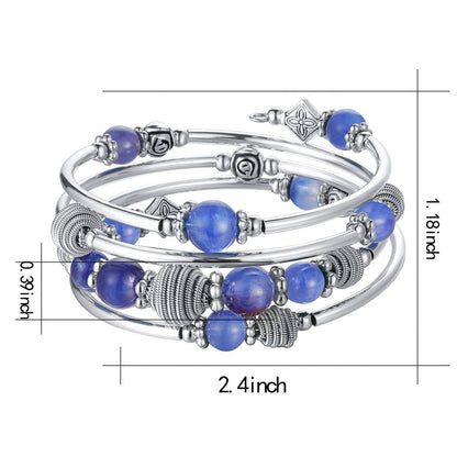 PEARL&CLUB Beaded Chakra Bangle Turquoise Bracelet - Fashion Jewelry Wrap Bracelet with Thick Silver Metal and Mala Beads, Birthday Gifts For Women(Blue)