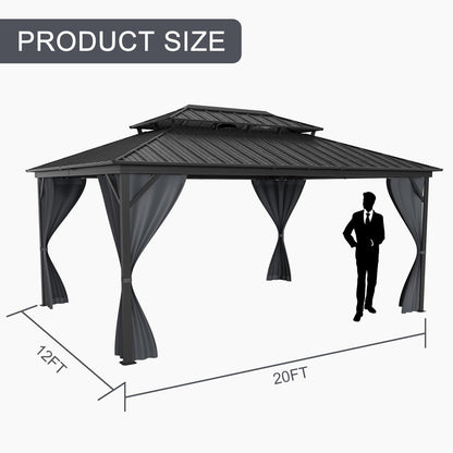 12Ft x 16Ft Hardtop Gazebo, Aluminum Metal Outdoor Gazebo with Breathable Netting and Curtains, Double Metal Roof, Galvanized Steel Heavy Duty Gazebos for Backyard, Wedding, Party