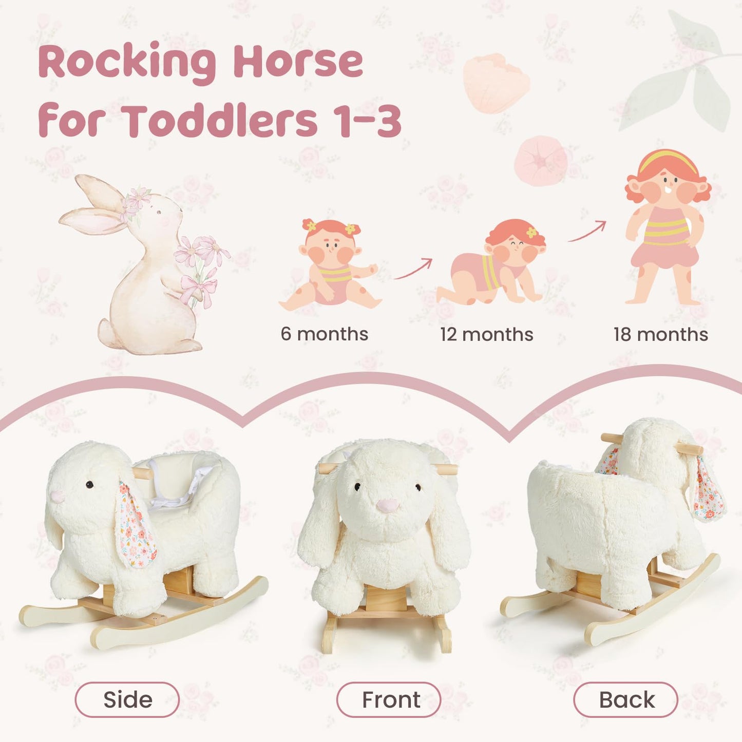 labebe Baby Rocking Horse, Plush Rabbit Animal Rocker, Wooden Rocking Horse with Seat Belt, Kid Ride On Toy for 12M+ Baby Girls, Nursery Birthday