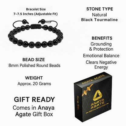 ANAYA AGATE Healing Crystal Bracelet – Chic Gemstone Bracelet for Men and Women – 8mm Round Bead Bracelets for Spiritual Healing, Protection, Positive Energy - Black Tourmaline