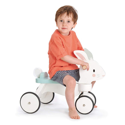 Tender Leaf Toys - Running Rabbit Ride On - Wooden Four Wheeled Push Balance Rabbit Themed Bike with Rubber Ring and Handle - Early Walk Development and Muscle Strength Enhancement for Children 18M+