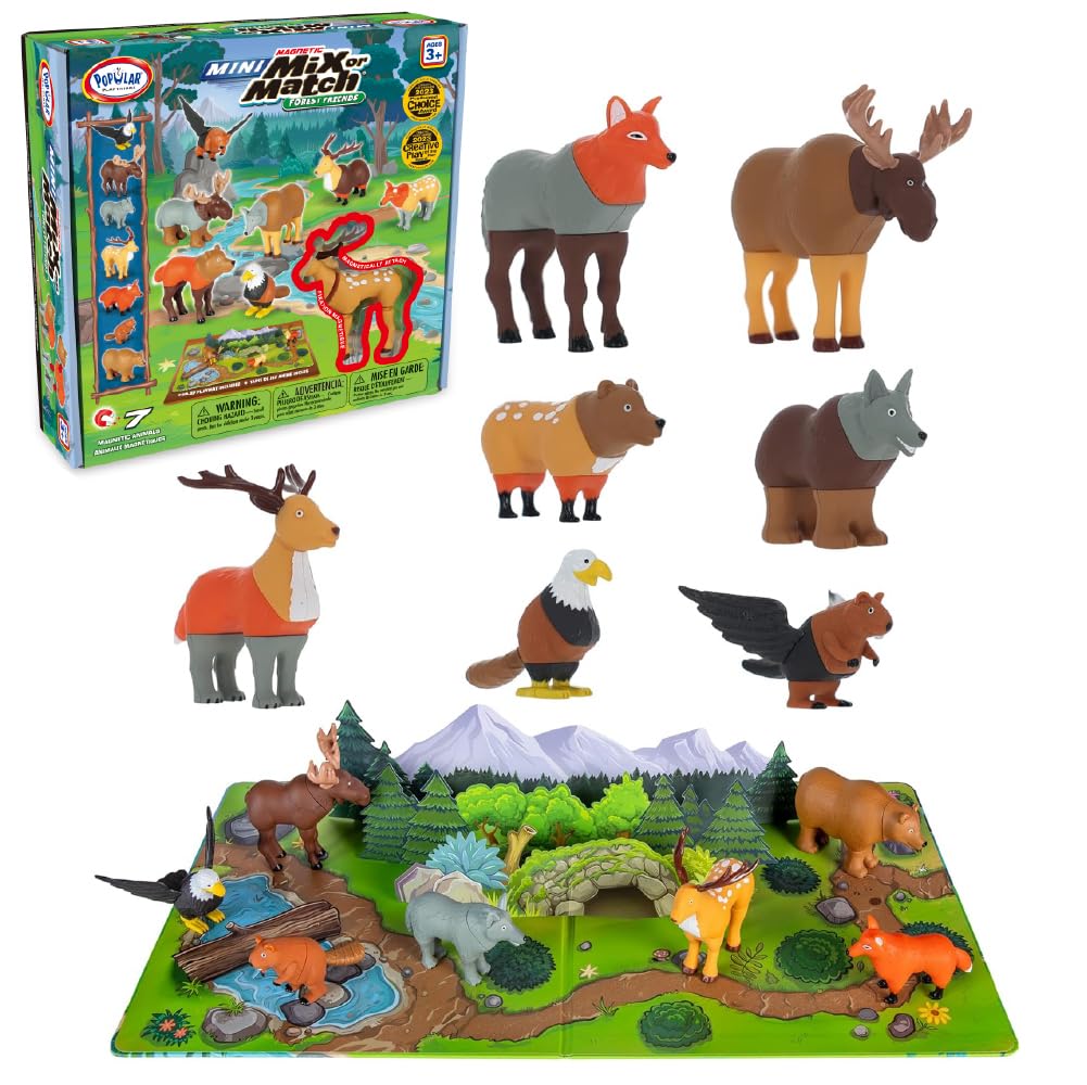 Popular Playthings Magnetic Animals for Toddlers 1-3, Mini Mix or Match Animal Toys, Set of 7 Gift for Kids - Forest Animals with Pop-up Playmat