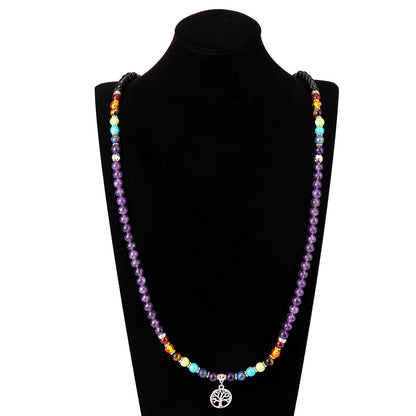 PWMENLK 108 Mala Beads Meditation Necklace 7 Chakra Buddhist Prayer Beaded Bracelet Tree of Life Pendant Necklace Healing Stone Yoga Necklace Women Men Bracelets(Amethyst&Obsidian)