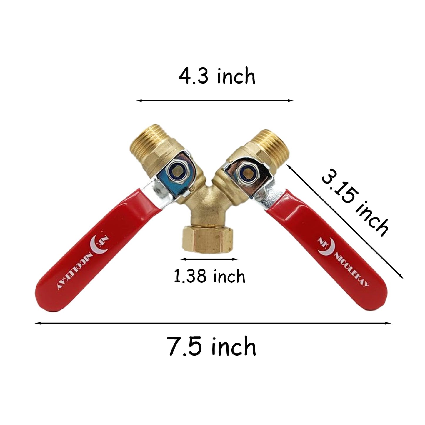 NICOLEKAY Brass Garden Hose Splitter 2 Way Heavy Duty with 304 Stainless Steel Long Handle, Outdoor Full Flow Hose Bib Splitter Connector, Y Valve 3/4 Inch GHT Thread (RED)