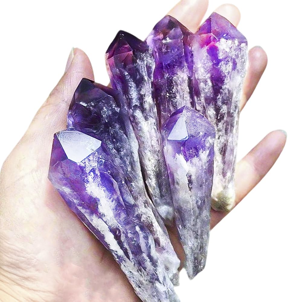 Natural Raw Amethyst Point Wand 6pcs Set- Healing Crystal Scepter with Single Terminated Cluster,Positive Energy Stone for Home Decor,Reiki,Meditation,and Spiritual Gift