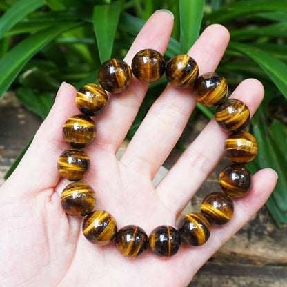 TaHLga Tigers Eye Mens Bracelet 14MM with Golden Brown Cats Eye | Fits for About 8" XLarge Wrist | Natural Solar Plexus Chakra Gemstones | Bring Luck Wealth Courage | Protection from Evil | Gift