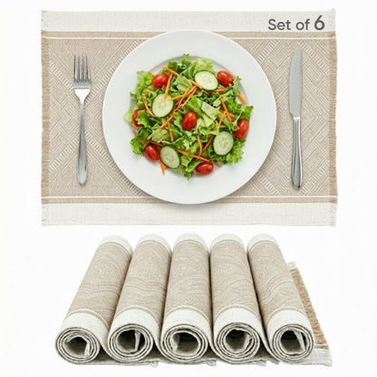 GleeNflux Placemats Set of 6, Fabric Placemats for Dining Table, Woven Polyester Place Mats with Fringe, Machine Washable, Khaki Geometric Table Mats, Modern Table Decor, Housewarming Gift