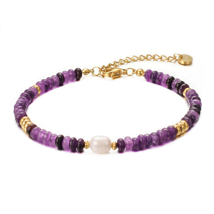 vissen Violet Natural Stone Bracelets for Women Beaded Necklace Freshwater Pearl Stainless Steel Gold Plated Bracelet Women Gift