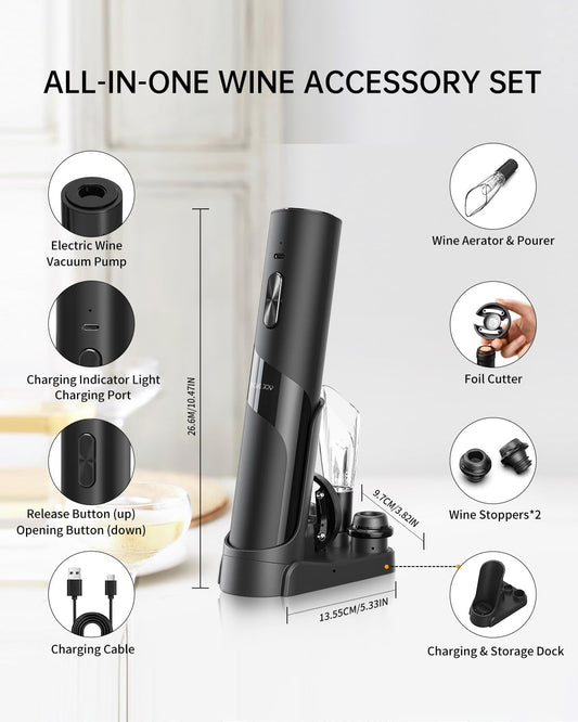 CIRCLE JOY Rechargeable Wine Opener Electric Wine Bottle Opener 7-in-1 Wine Gift Set with Electric Vacuum Pump, Charging Station, Foil Cutter, Wine Aerator Pourer and 2 Wine Stoppers