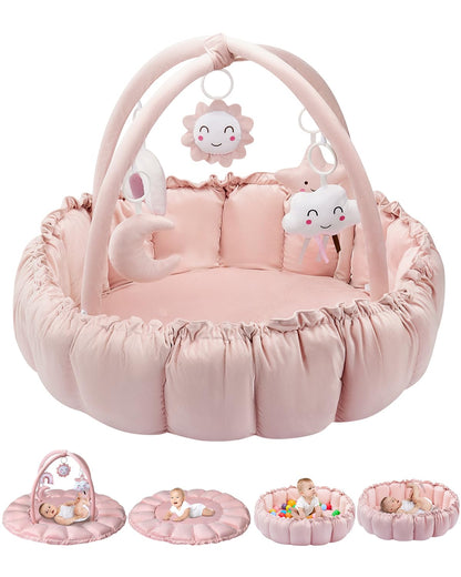 Deekuiwi 5-in-1 Convertible Baby Gym Play Mat with Hanging Toys, Soft Padded Activity Center & Ball Pit, Plush Tummy Time Mat for Newborns to Toddlers, Machine Washable, Pink