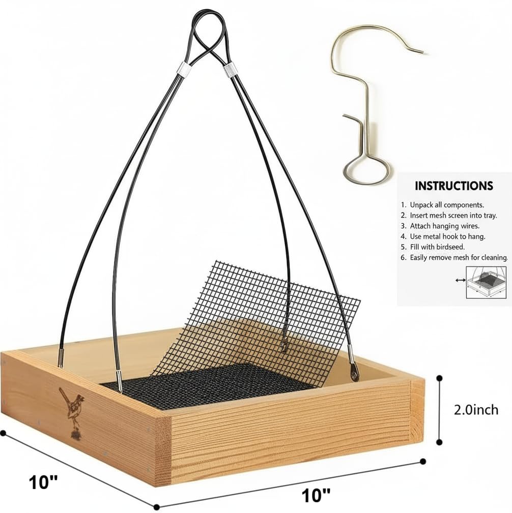 Cedar Wood Platform Tray Bird Feeder 10” - Hanging Bird Feeder for Outside Outdoor - Stainless Steel Cable Mesh Base - Weather Proof Birdfeeder for 10 Years - Longtime Outdoor Lasting Heavy Duty