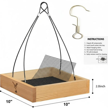 Cedar Wood Platform Tray Bird Feeder 10” - Hanging Bird Feeder for Outside Outdoor - Stainless Steel Cable Mesh Base - Weather Proof Birdfeeder for 10 Years - Longtime Outdoor Lasting Heavy Duty