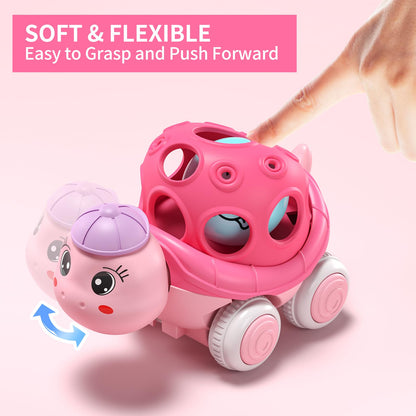 Baby Girl Toy Cars for Toddlers 1-3, Push and Go Rattle Cars for Baby Toy 6-9-12-18 Months, First Birthday Gifts for 1 2 Year Old Girls, Infant Pink Friction Truck Set