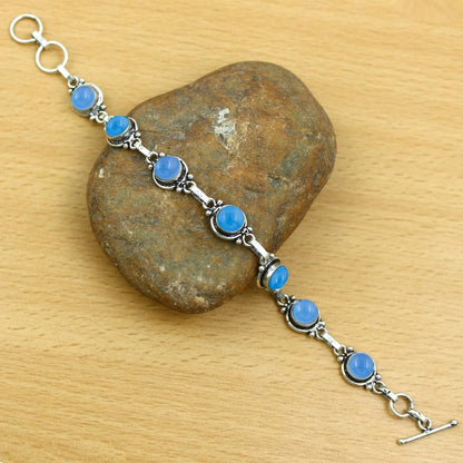 Natural Chalcedony 925 Silver Plated Round Gemstone Bracelet for Women - March Birthstone Vintage Bohemian Style Handmade Link Adjustable Bracelet Gifts for Mom Wife Sister Her