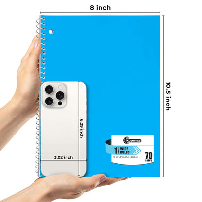 Rosmonde Spiral Notebooks, 12 Pack, 1 Subject Notebook, Wide Ruled, 70 Sheets, 8 x 10-1/2", 3 Hole Punched, School Supplies, Bulk Single Subject Spiral Notebook Bulk, Assorted Colors Pack of Notebooks