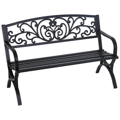 FDW Outdoor 50 Inches Garden Bench, Slatted Seat Armrests Floral Design Backres and Arch Legs, Perfect for Park, Yard, Porch, Lawn, Balcony, Backyard, Black
