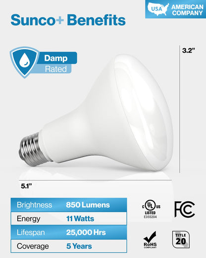 Sunco 12 Pack BR30 Light Bulbs LED, Recessed Can Light Bulbs, Indoor Flood Bulb, 850 LM, 11W (65W Equivalent), 3000K Warm White, Dimmable, E26 Base, for Home, Kitchen, Bedroom UL