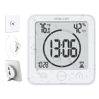 Baldr Shower Clock Waterproof Bathroom Clock with Timer/Temperature/Humidity, Digital Timers for Kids and Adults, Bath Kitchen Study, White