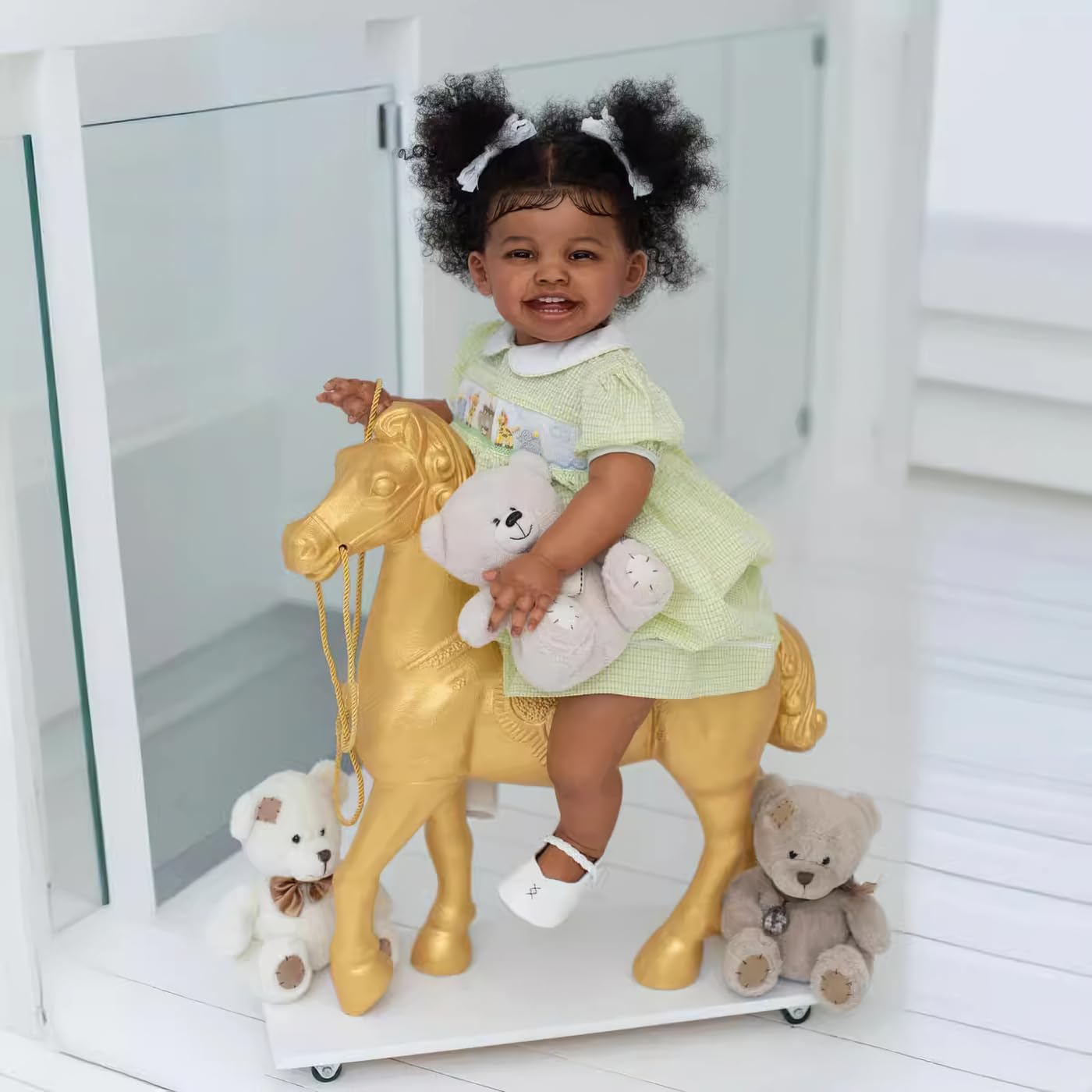 Wamdoll 24Inches Sweet Smiling Rooted Curly Hair Lifelike Reborn Baby Girl Dolls that Look Real and Feel Real, Realistic Newborn Toddler Collectible Art Doll in Dark Brown Skin
