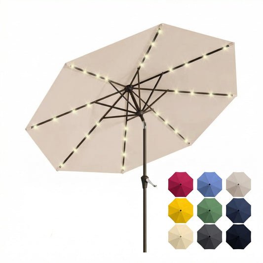 Patio Kingdom 10FT Solar Patio Umbrella with Lights, Outdoor Table Market Umbrella with 32 LED Lights, 8 Sturdy Ribs, Push Button Tilt and Crank for Pool, Deck and Garden, UV-Resistant, Beige