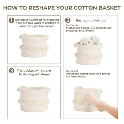CherryNow Small Woven Storage Baskets, 9.5'' x 7'' inches Cotton Rope Decorative Hamper for Diaper, Blankets, Magazine and Keys, Cute Tassel Nursery Decor - Home Storage Container, Off-white