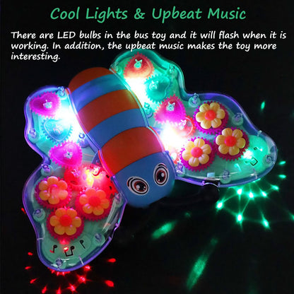 Miracland Transparent Gear Butterfly Toy, Light-up Bump & Go Car Toy Toddler Musical Toy 3D Gears Butterfly Crawling Toy for Kids with Lights and Music