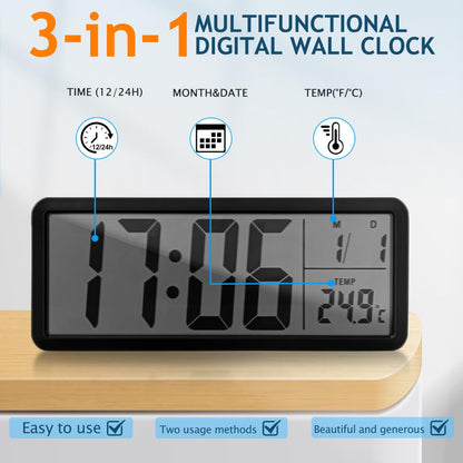 Healifty Digital Wall Clock Battery Operated: LED Electronic Desk Clocks with Large Display Date Temperature, Modern Alarm Timer for Living Room Bedroom Decor