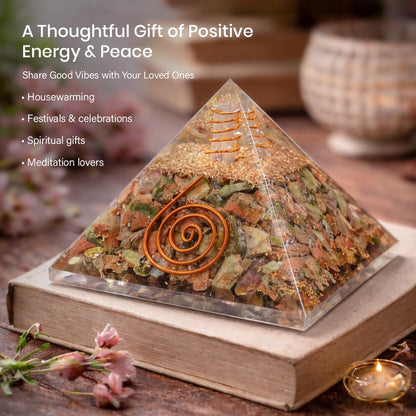Crocon® Unakite Orgone Pyramid Healing Crystals Stone Orgonite Gemstone Pyramid Stones Reiki Crystal Good Luck Charms Meditation Chakra Organite Home Decor Spiritual Gifts Size 2.5 Inch App.