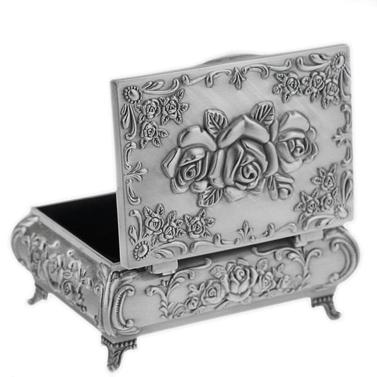 Classic Vintage Antique Tin Rectangle Jewelry Box Treasure Storage Organizer Chest with Rose Pattern