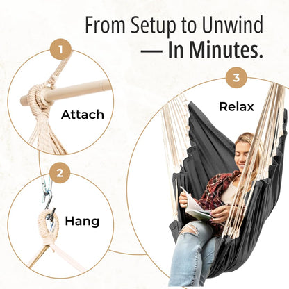 Hanging Hammock Chair Swing – Hanging Chair Outdoor & Indoor - Hammock Swing Chair – Quick & Easy Setup with Hardware Kit – Durable & Spacious Full Body Support – Holds 440 Lbs