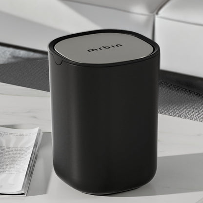 MRBIN Desk Mini Car Trash Can, 0.4 Gallon Table Top Plastic Waste Basket with Stainless Steel Lid, Small Garbage Bin for Bedroom, Coffee Bar, Vanity Countertop, Black