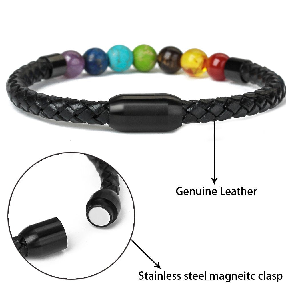 Ckysee 7 Chakra Real Stone Healing Bracelet Genuine Leather Braided with Magnetic Clasp Mens Best Gift Jewelry 8.5"
